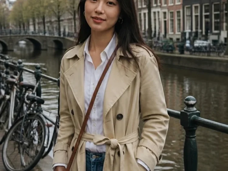 Woman wearing trench coat near Amsterdam canal
