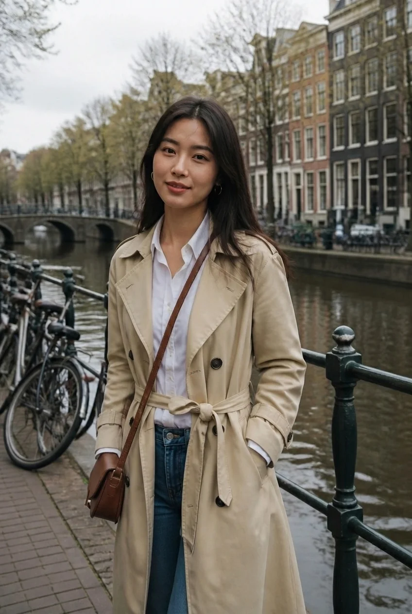 Woman wearing trench coat near Amsterdam canal