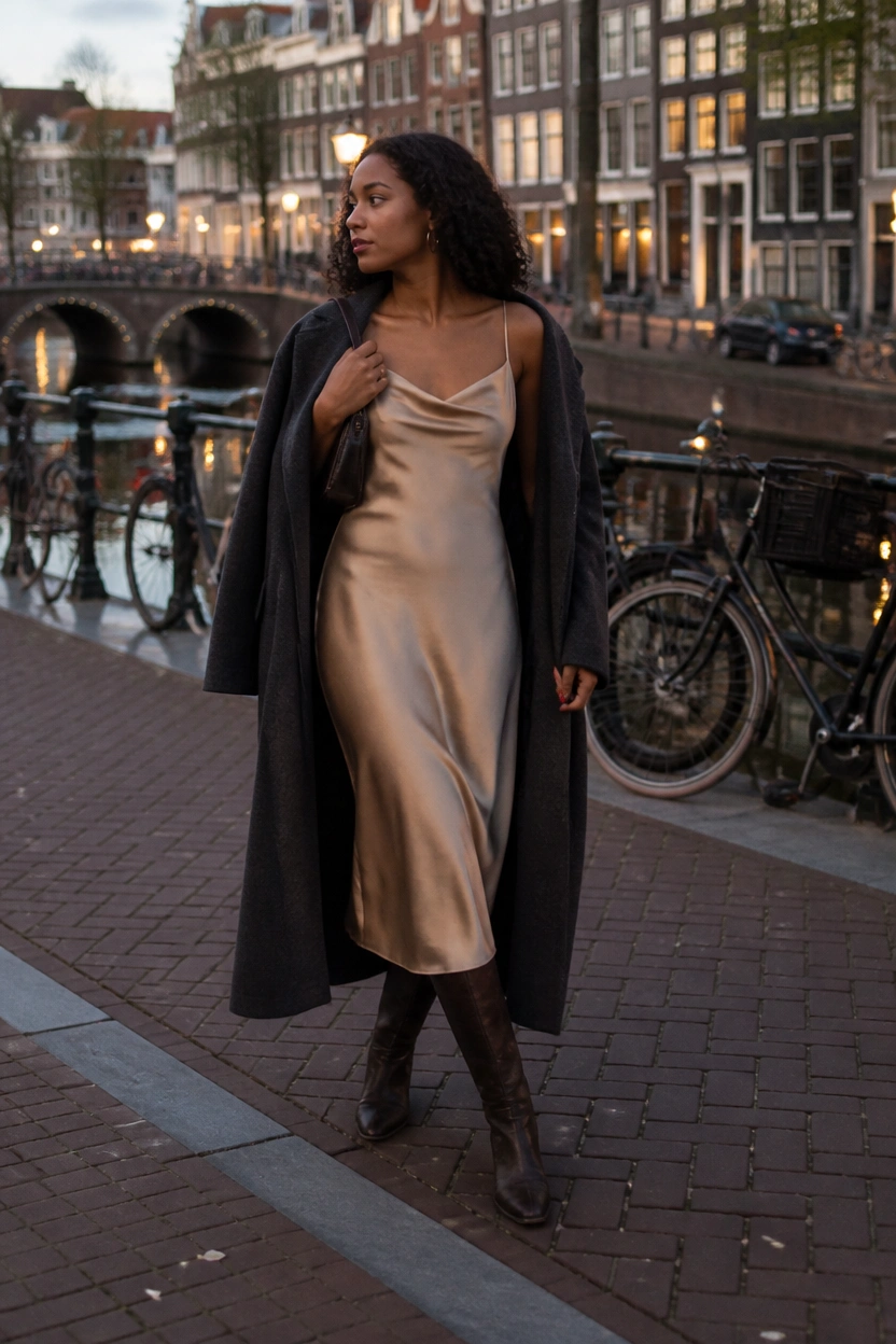 Woman wearing slip dress and coat walking along Amsterdam canal