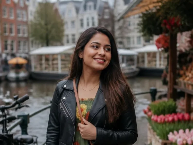 Woman wearing floral dress and leather jacket near Amsterdam canal with tulips