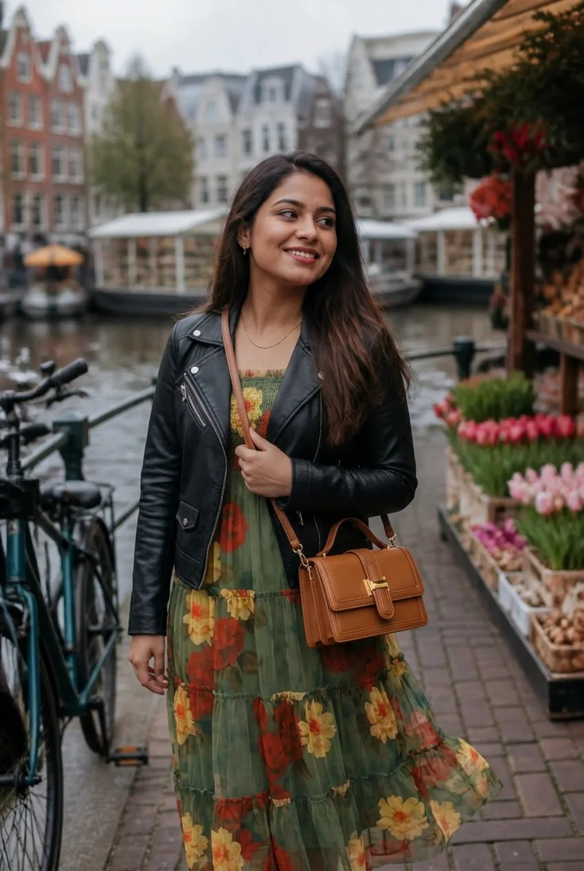 Woman wearing floral dress and leather jacket near Amsterdam canal with tulips