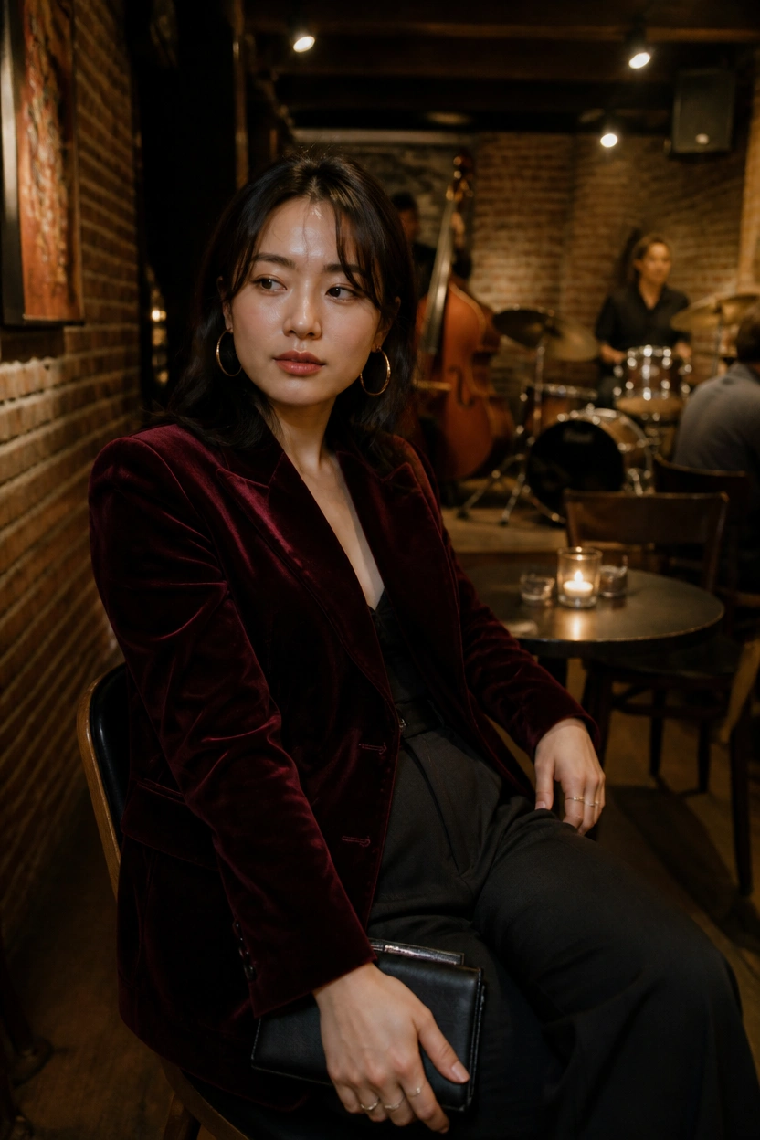 Woman in velvet blazer at Amsterdam jazz club