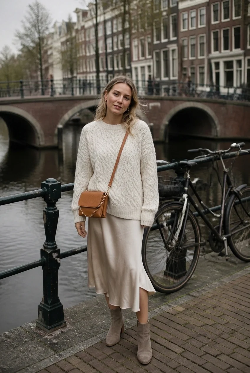 Woman wearing knit sweater and skirt near Amsterdam canal bridge