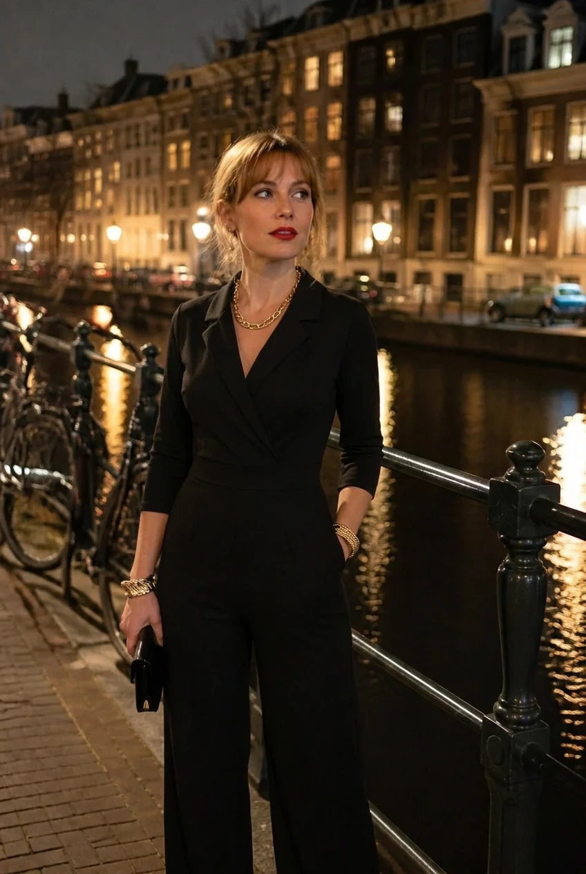 Woman in black jumpsuit standing by Amsterdam canal at night