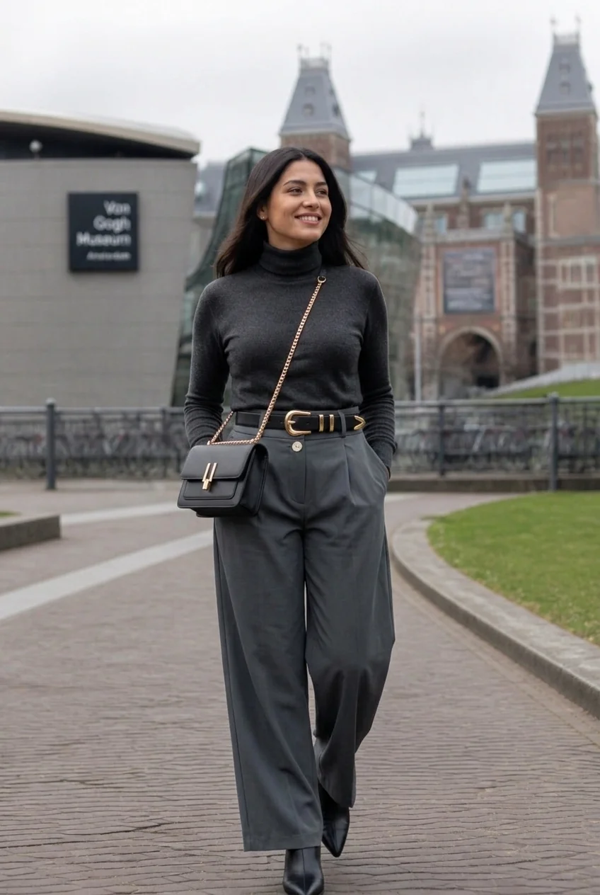 Woman wearing monochrome outfit walking near Van Gogh Museum in Amsterdam