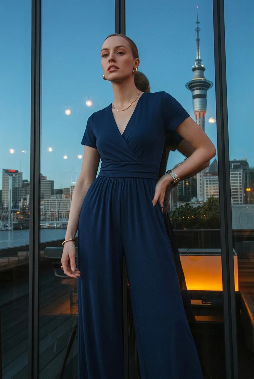 Woman in navy jumpsuit posing near Auckland Sky Tower at dusk