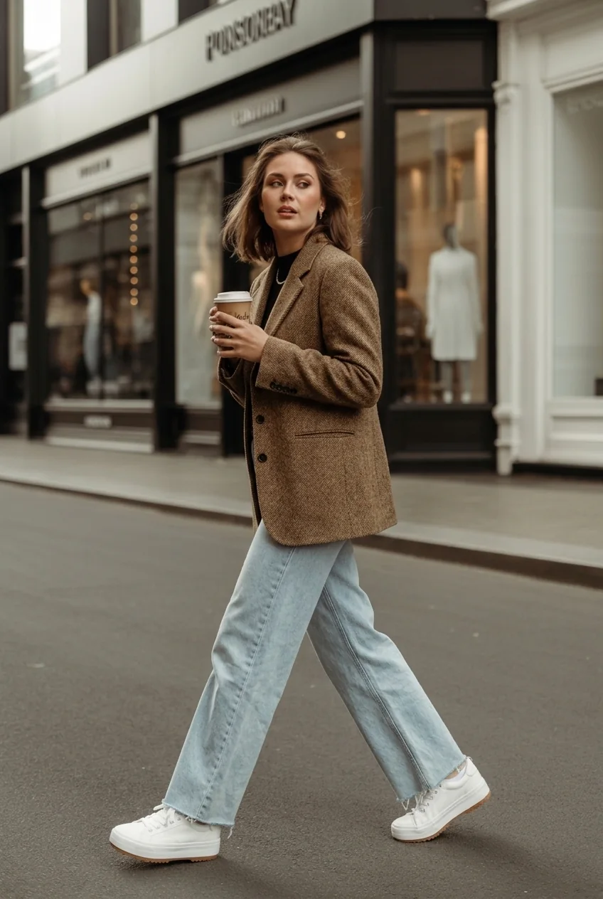Woman walking down Auckland street wearing oversized blazer and jeans holding coffee.