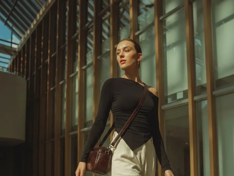 Woman walking in modern building wearing black top and cream trousers