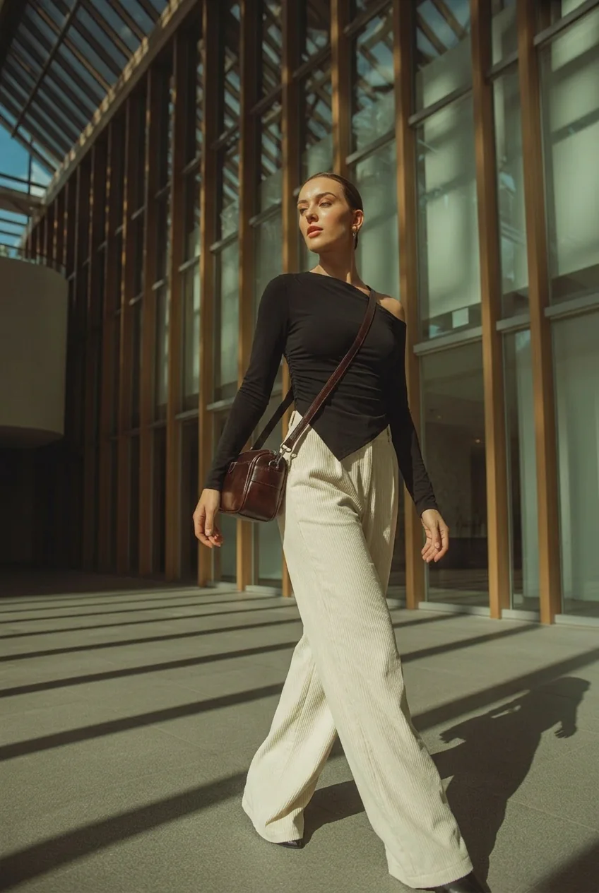 Woman walking in modern building wearing black top and cream trousers