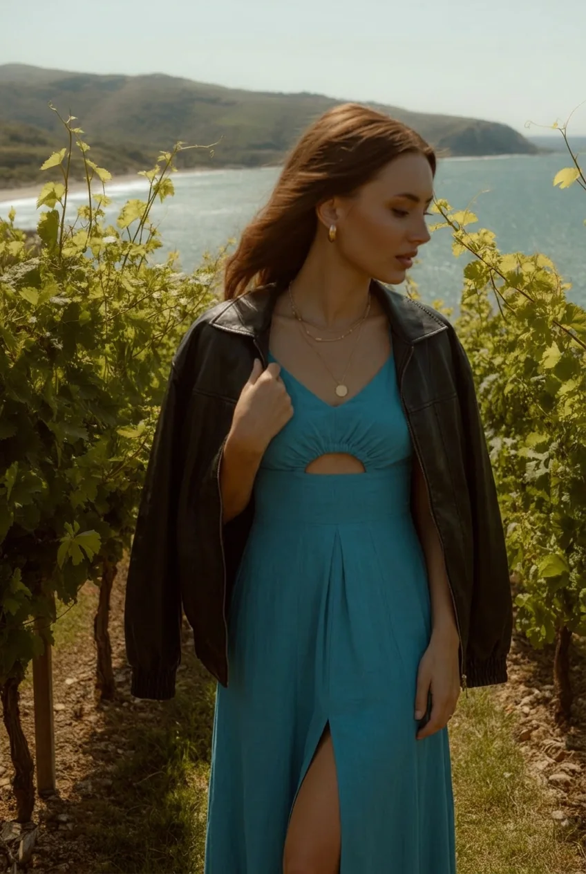Woman in blue wrap dress and leather jacket at coastal vineyard