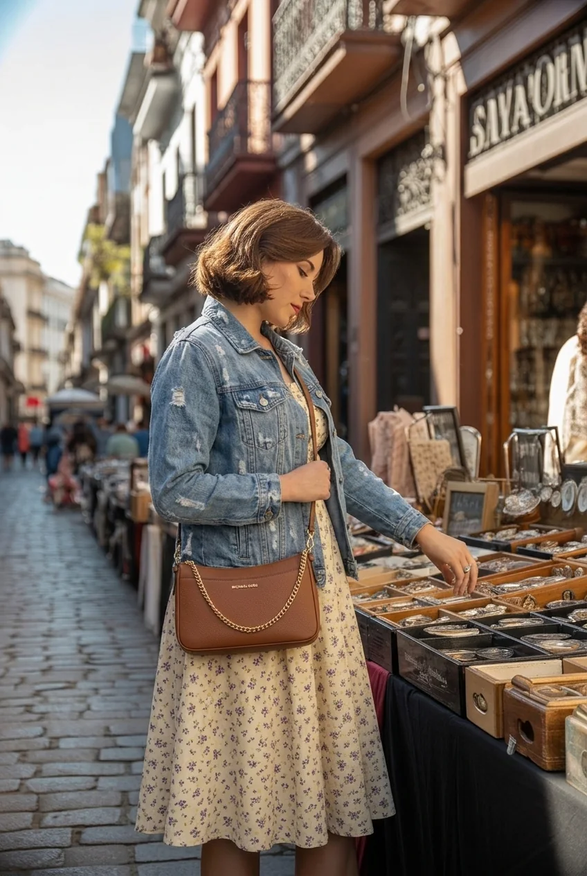 Woman browsing antique market in Buenos Aires wearing vintage-style dress and denim jacket.