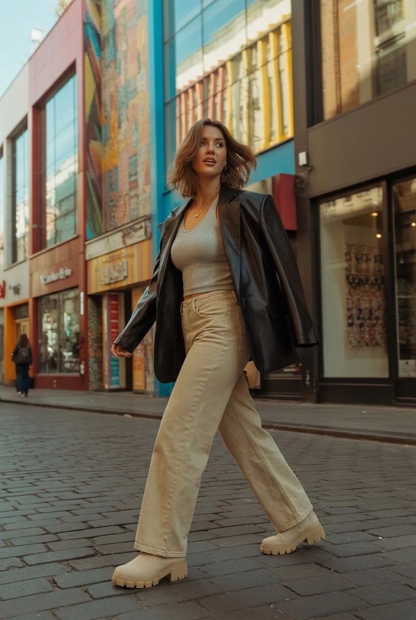 Woman walking down colorful Buenos Aires street wearing chic travel outfit