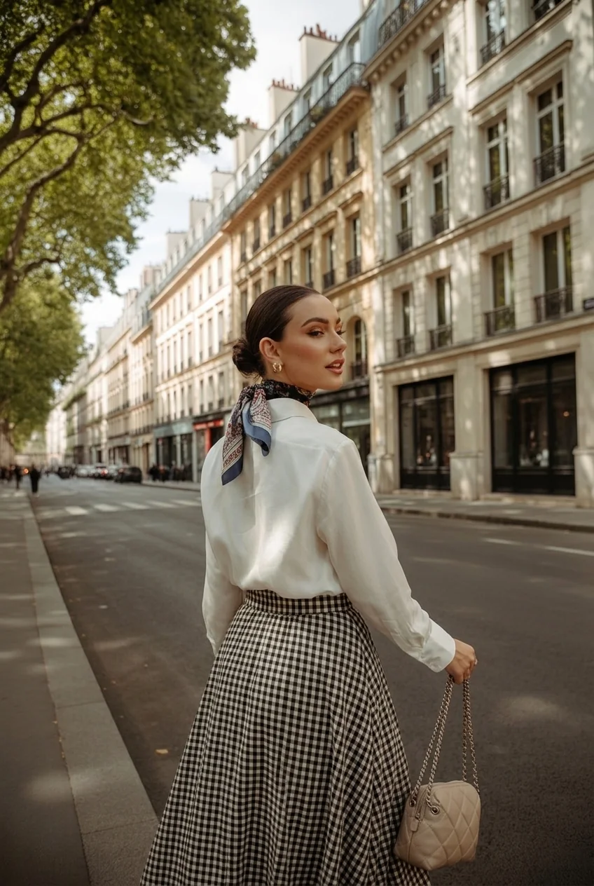 Woman walking down Parisian street wearing white blouse and gingham skirt