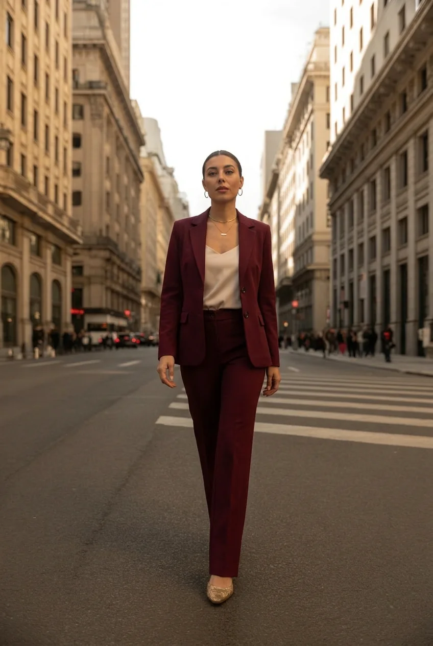 Woman in maroon power suit walking down a city street in Buenos Aires