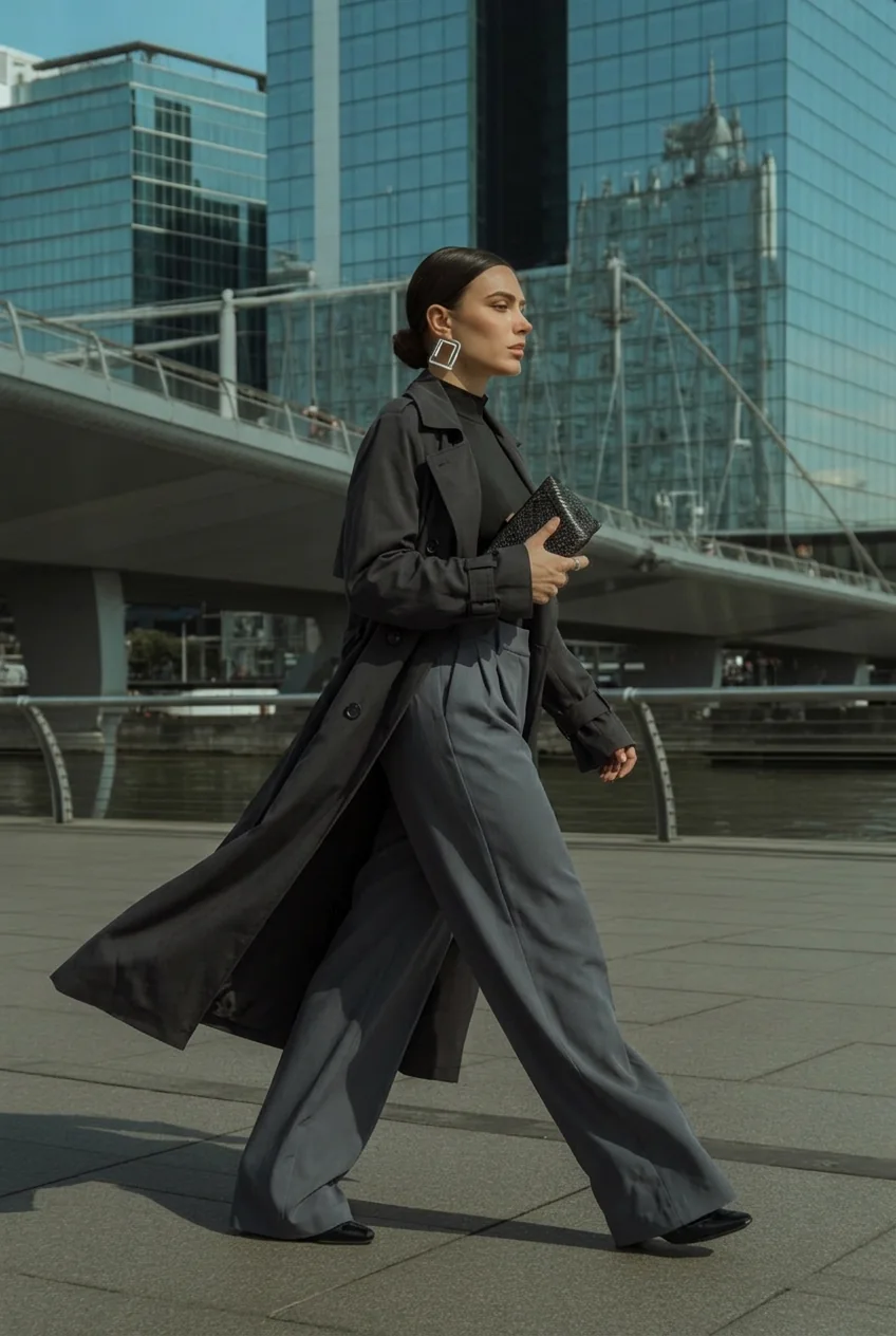 Woman walking in modern minimalist outfit near city waterfront