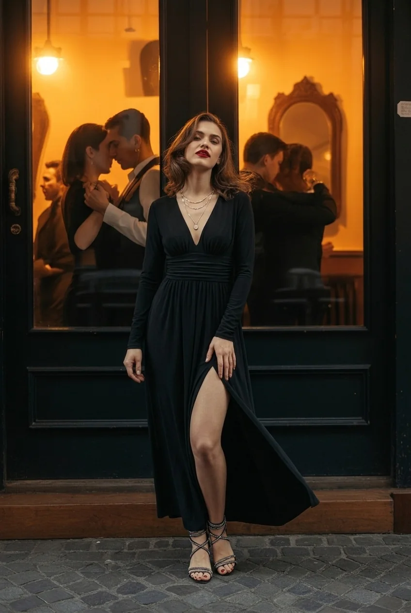 Woman in black dress standing outside tango club in Buenos Aires