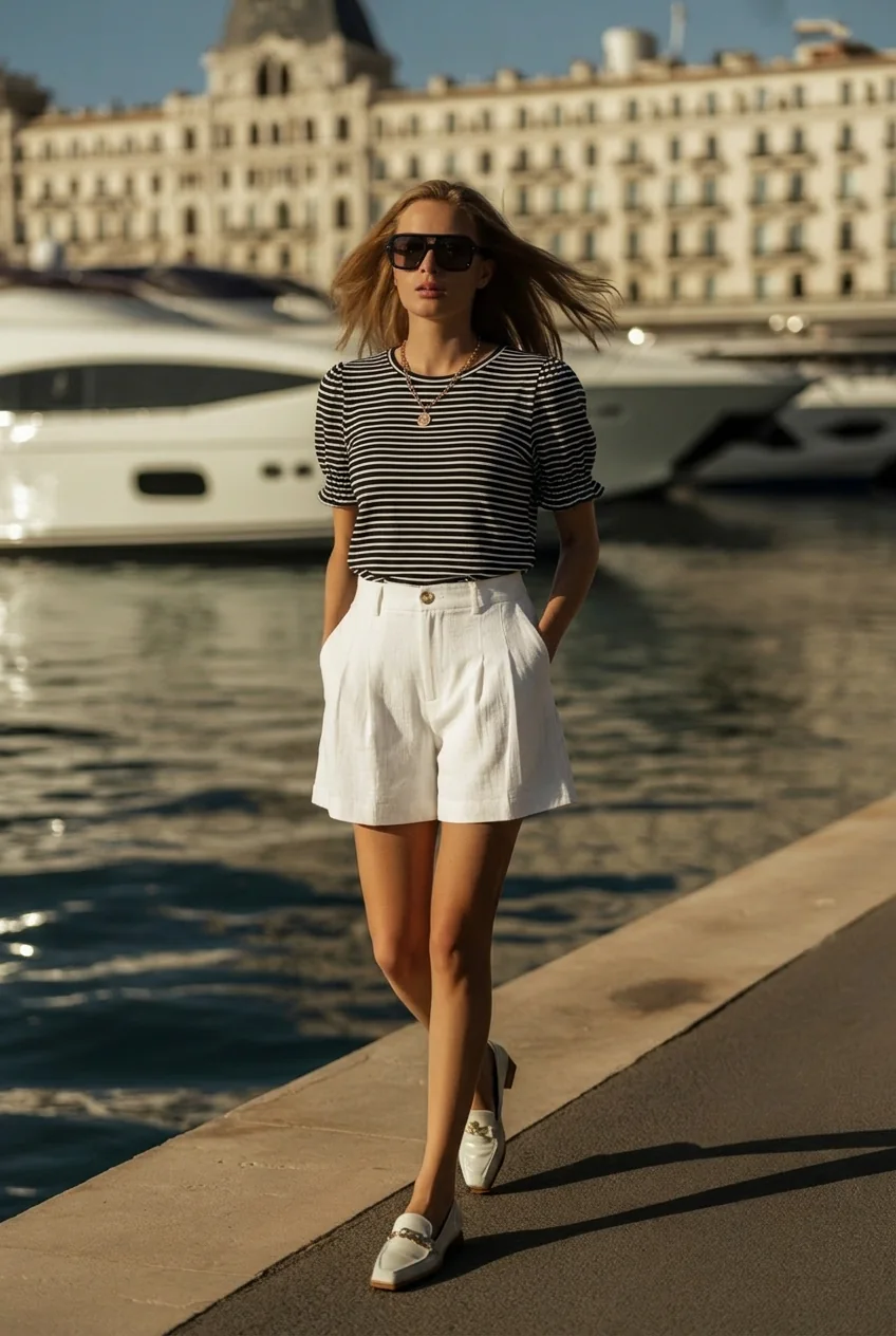 Woman in striped top and white shorts walking along Cannes waterfront