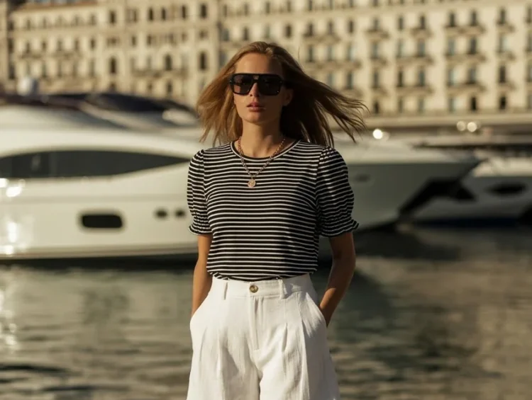 Woman in striped top and white shorts standing by water with yachts and buildings in background.