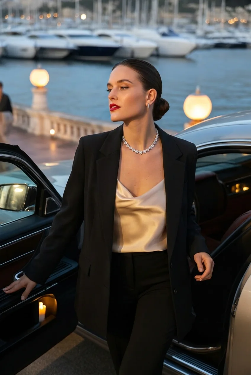 Woman in tailored black blazer and cream top stepping from car at Cannes waterfront