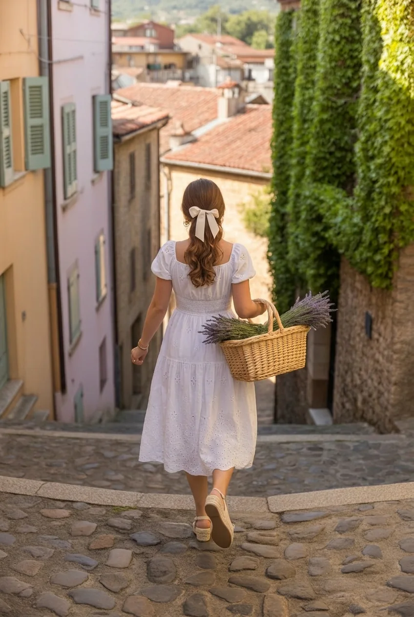 Woman in white dress walking down stone street in Cannes holding lavender basket