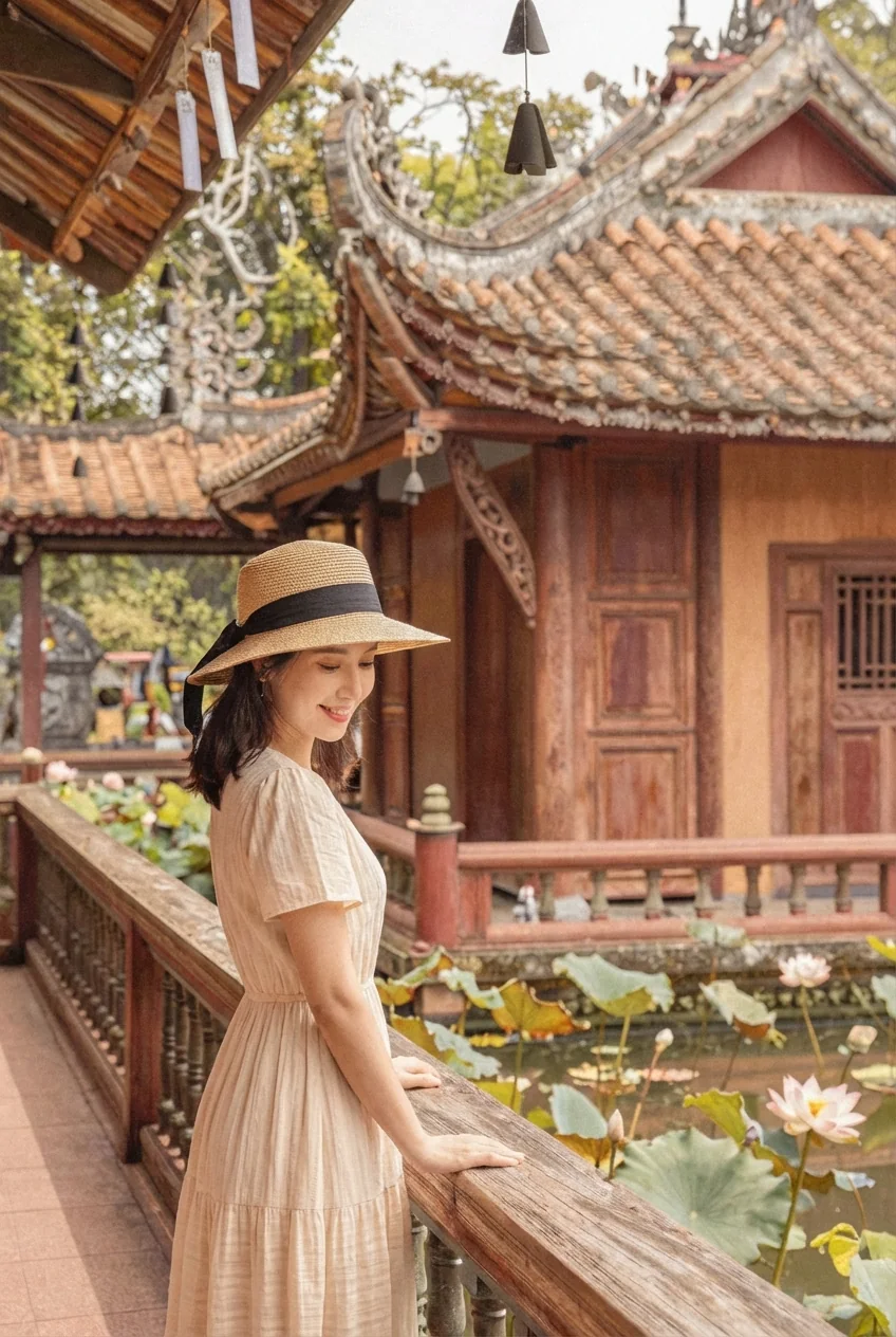 Woman in light dress and straw hat at Vietnamese temple overlooking lotus pond.