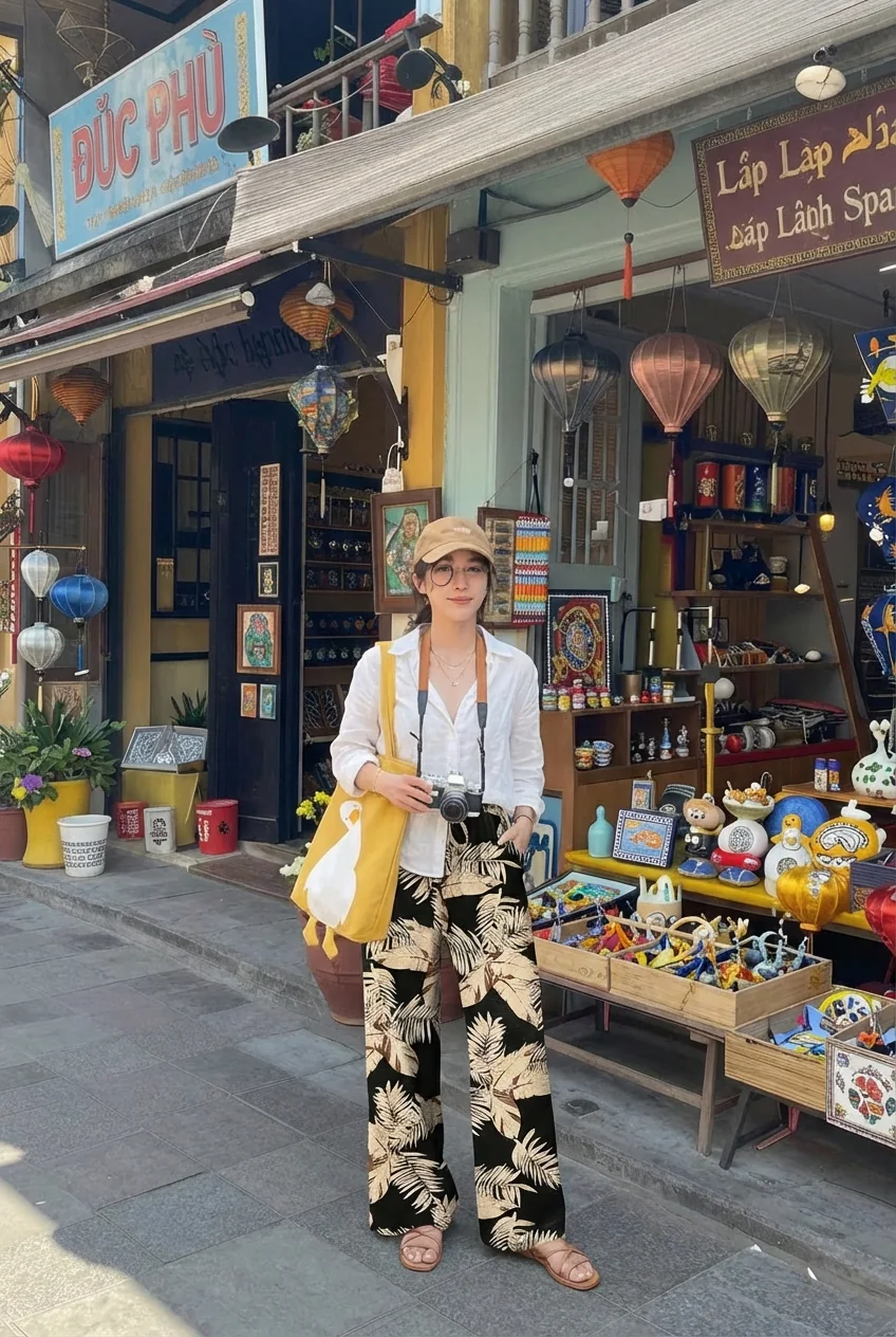 Woman in travel outfit standing on street in Vietnam market area