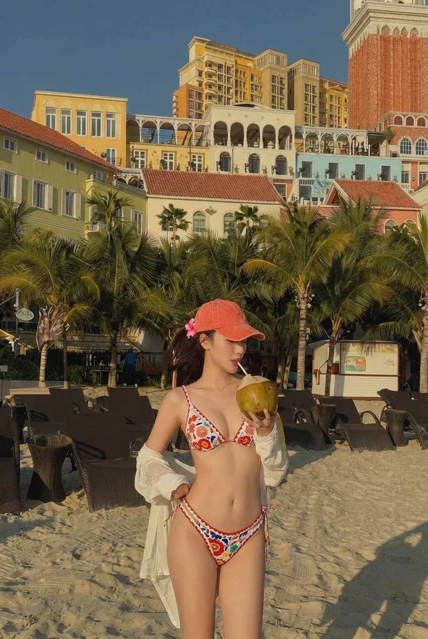 Woman in bikini and cap on beach with resort buildings in background