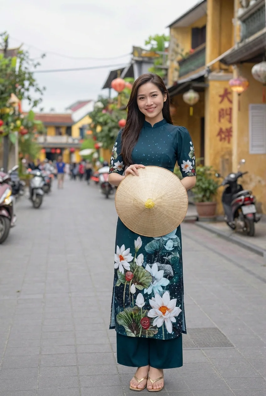 Woman wearing traditional Vietnamese outfit on street in Vietnam