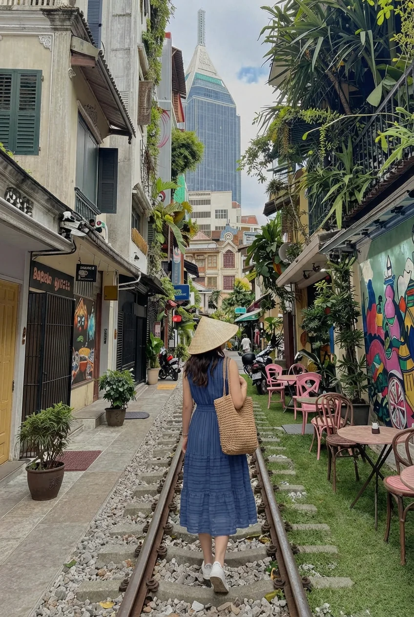Woman walking on railway path in Vietnam wearing travel outfit