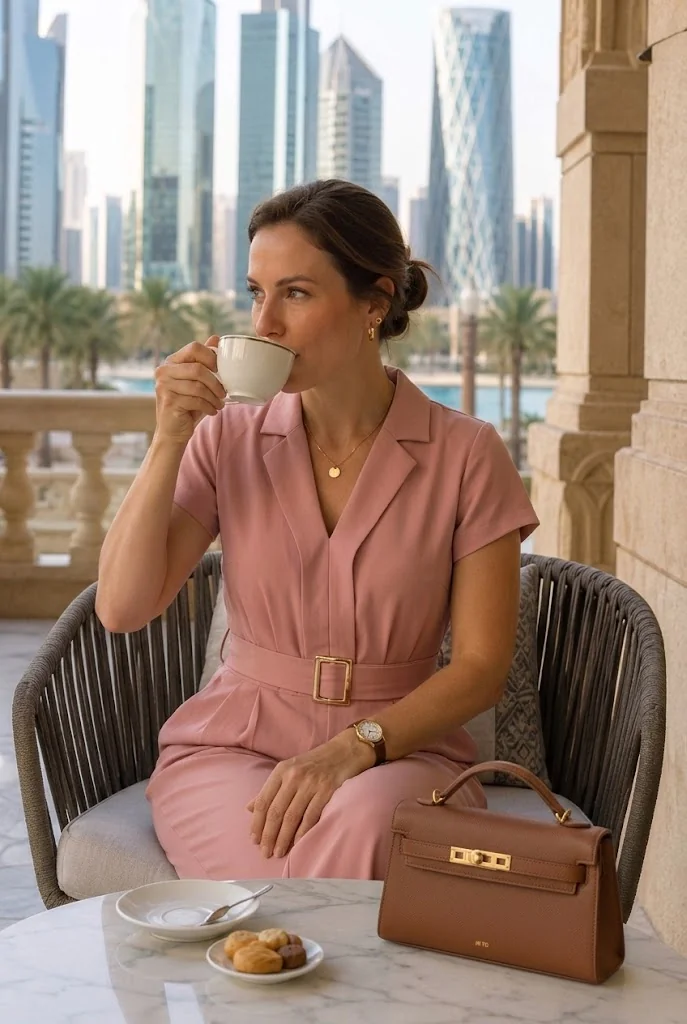 Woman enjoying afternoon tea in Doha with city skyline background.