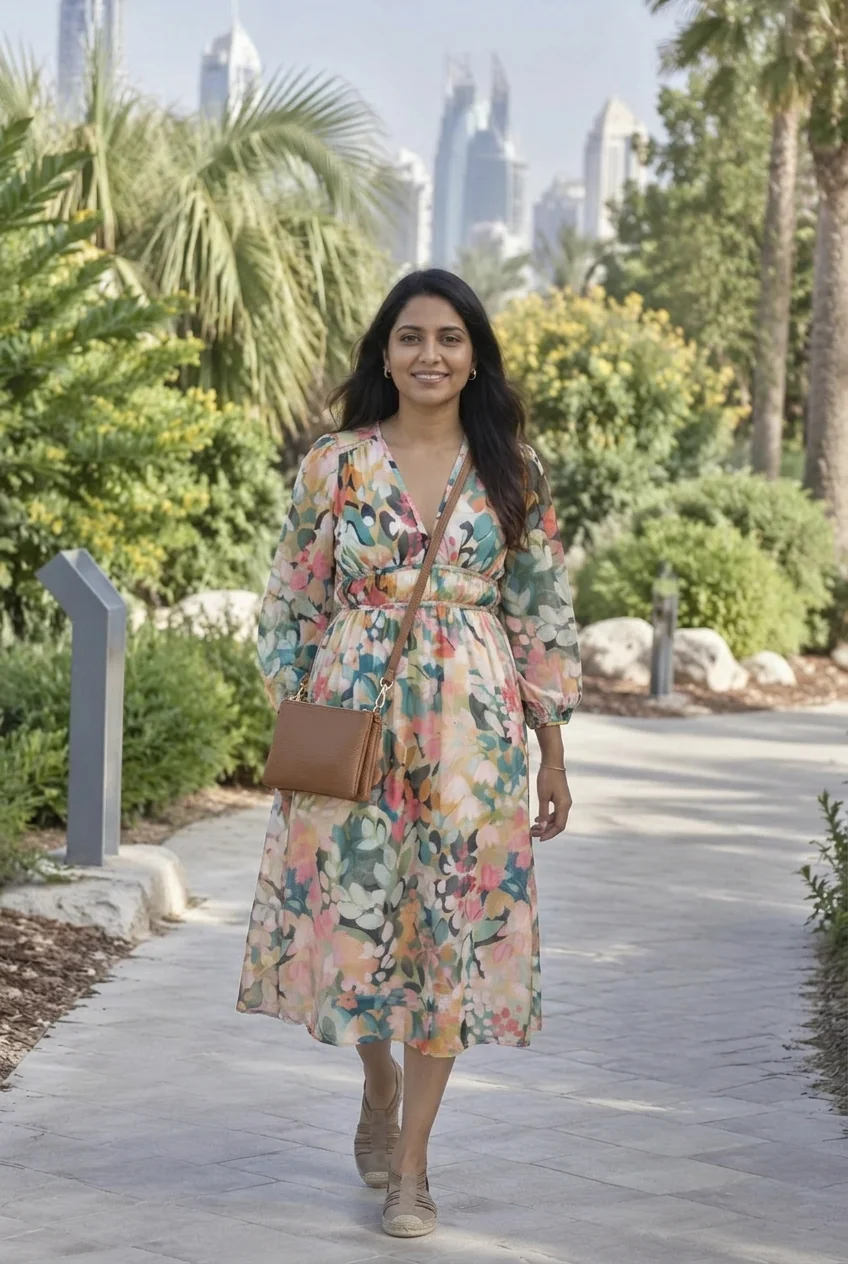 Woman wearing floral dress walking in Doha botanical garden with city skyline in background