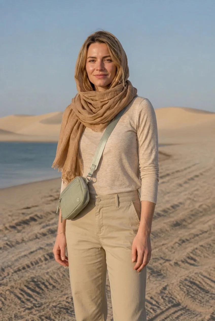 Woman wearing desert-appropriate travel outfit near sand dunes