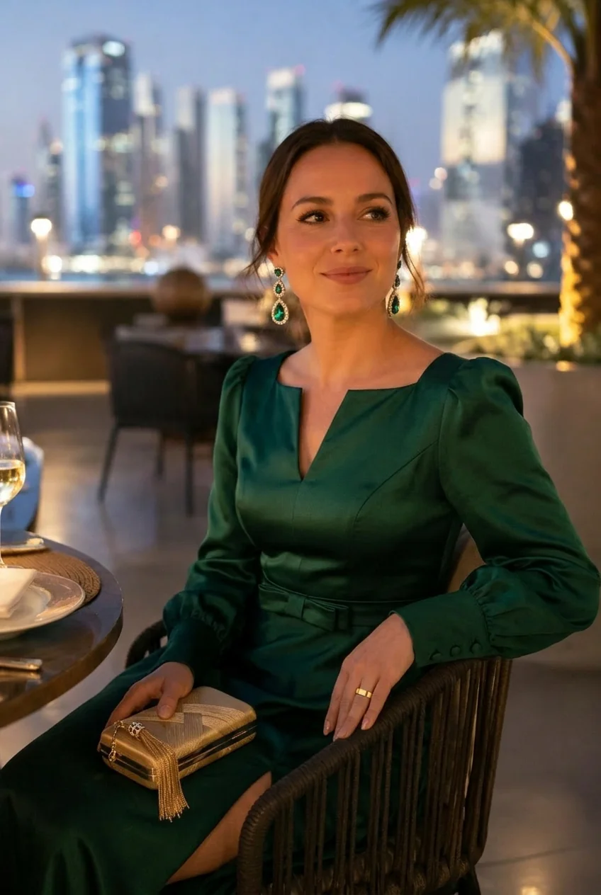 Woman in elegant green dress at rooftop dinner in Doha cityscape