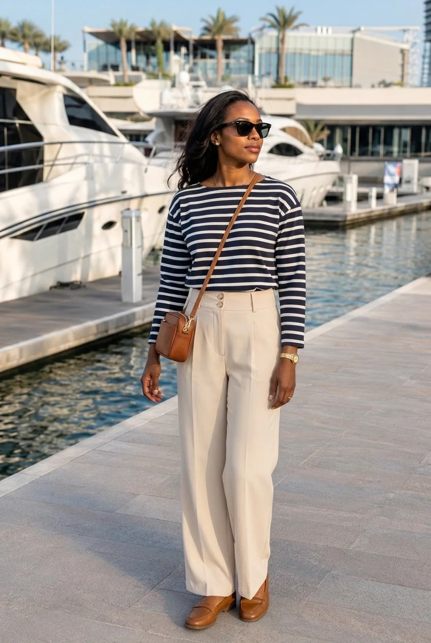 Woman wearing striped top and cream trousers at Doha Marina Yacht Club