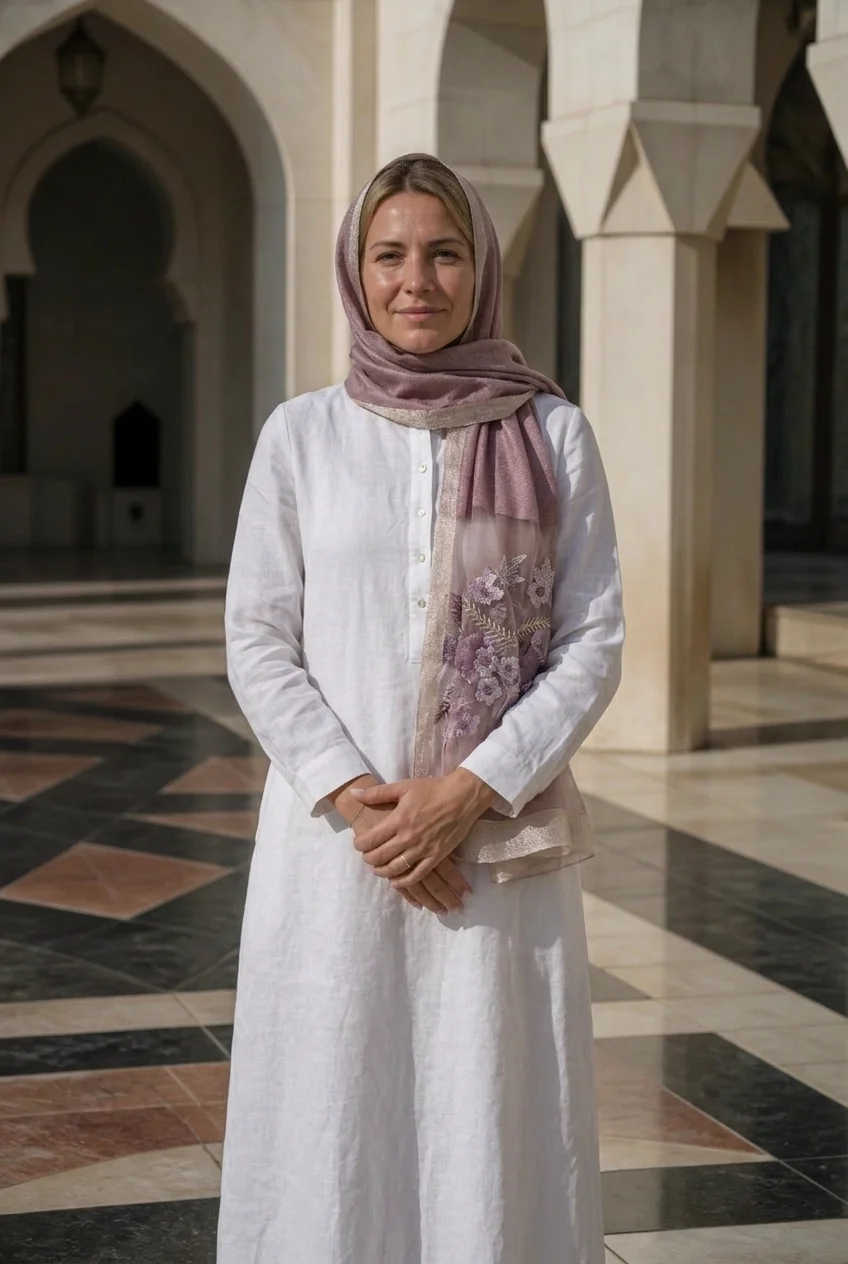 Woman wearing modest attire at a mosque in Doha