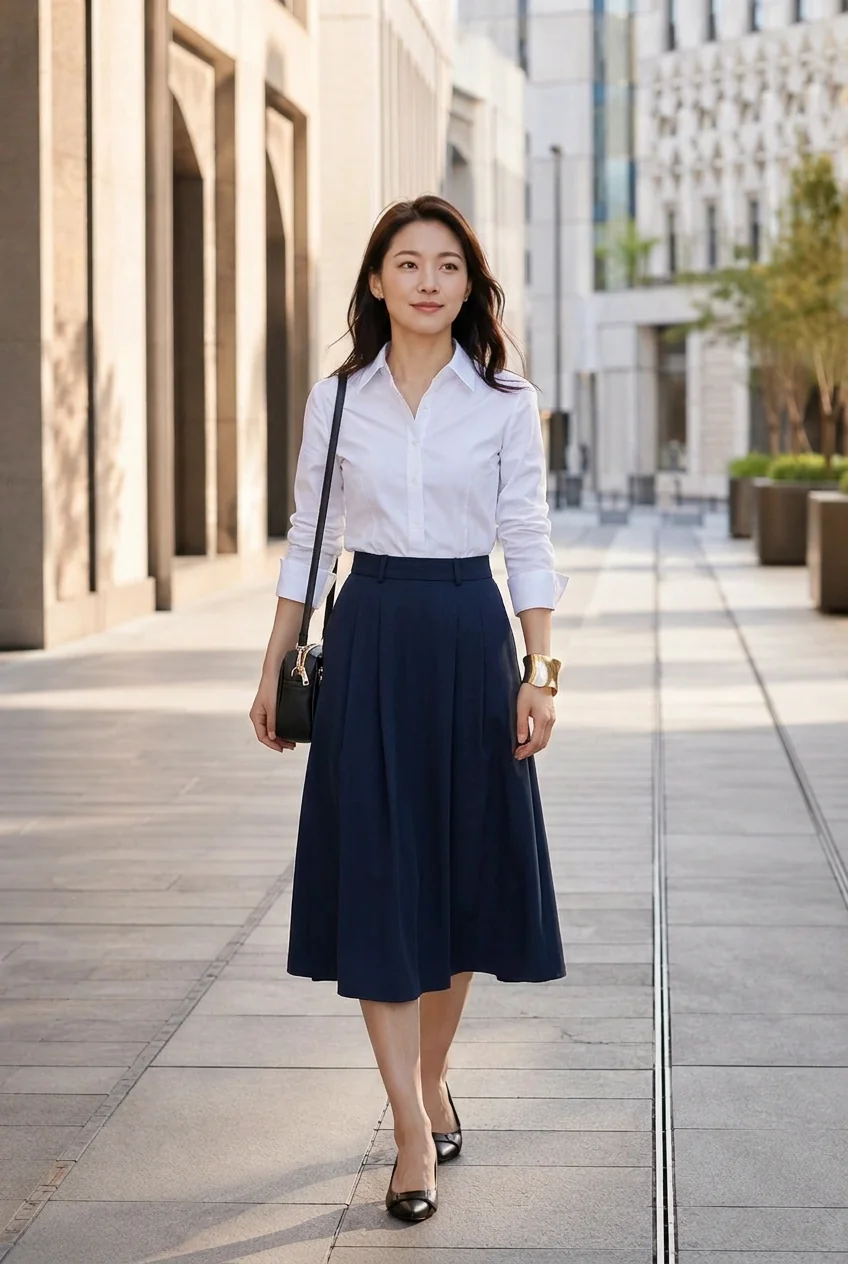 Woman walking in Doha wearing white shirt and navy skirt