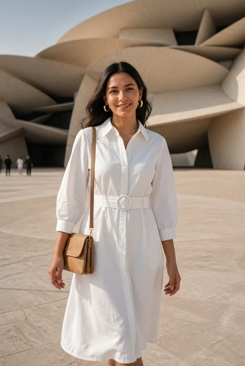 Woman in white dress at Doha museum