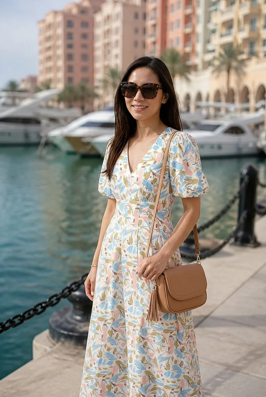 Woman in floral silk maxi dress at Doha marina with yachts and buildings behind her.