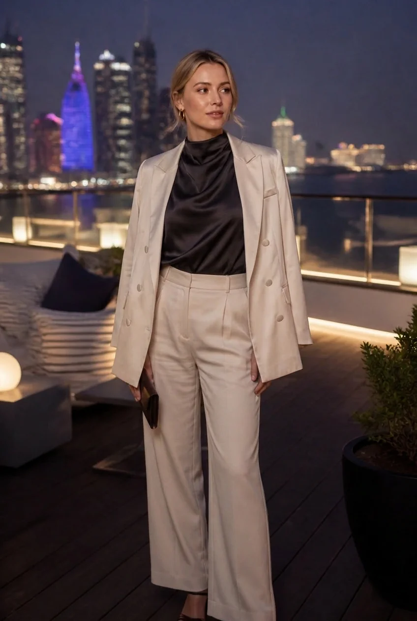 Woman in beige suit and black top on Doha rooftop at night.