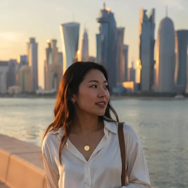 Woman in white shirt against Doha skyline at sunset