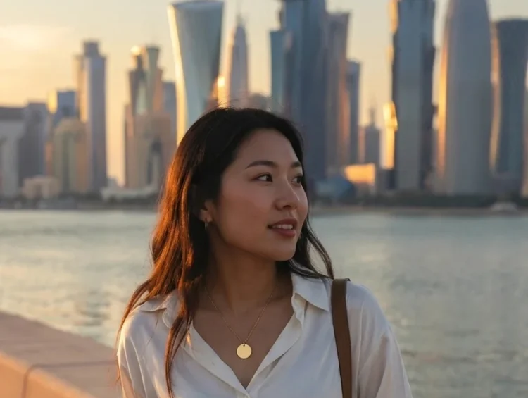 Woman in white shirt against Doha skyline at sunset