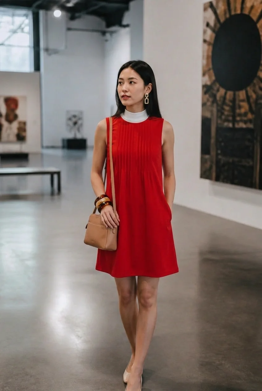 Woman in red dress walking through art gallery in Dubai