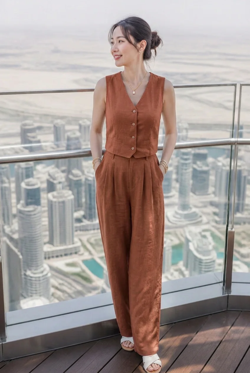 Woman in linen separates standing on Burj Khalifa observation deck overlooking Dubai skyline