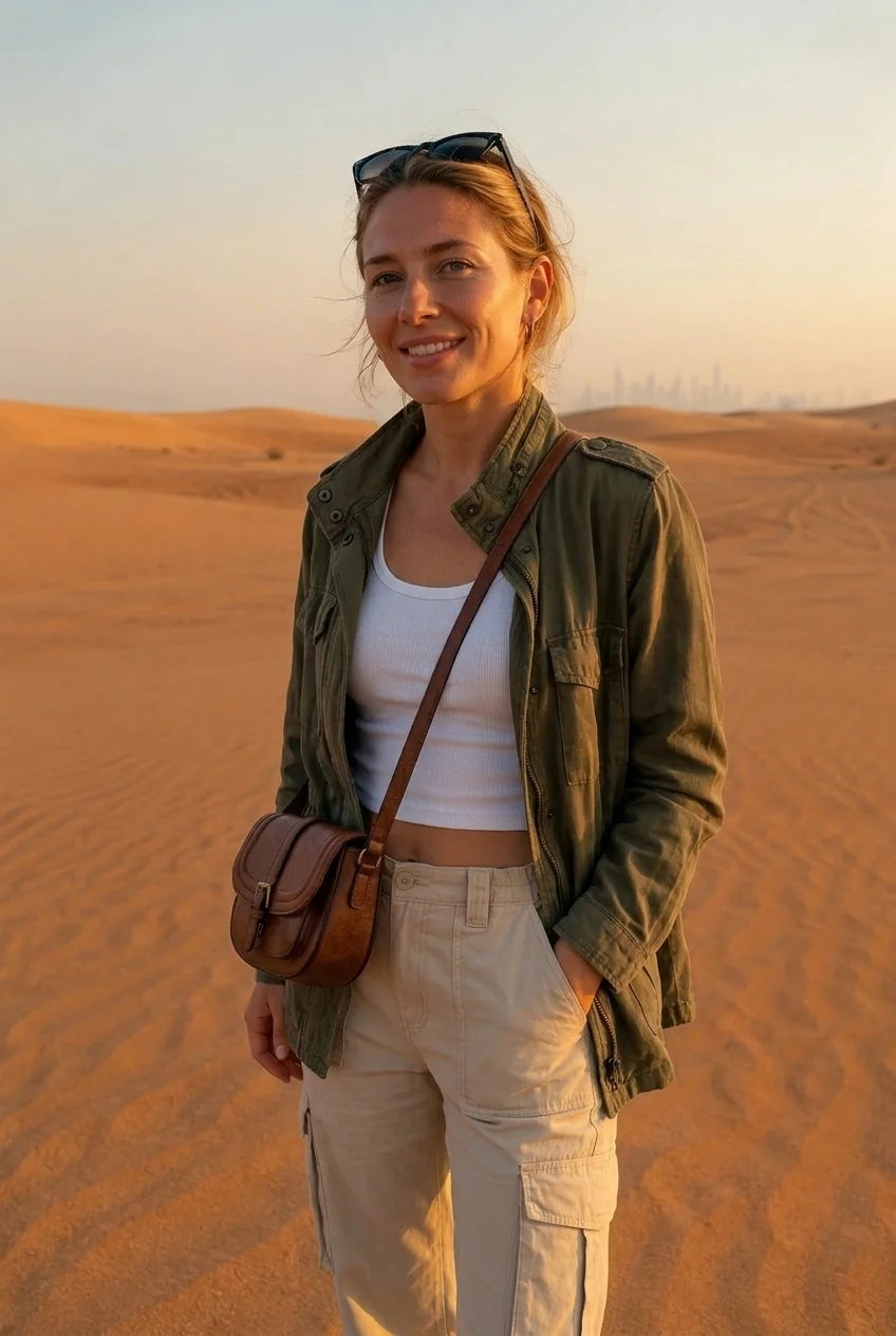Woman in utility jacket and cargo pants standing in Dubai desert with city skyline in background.