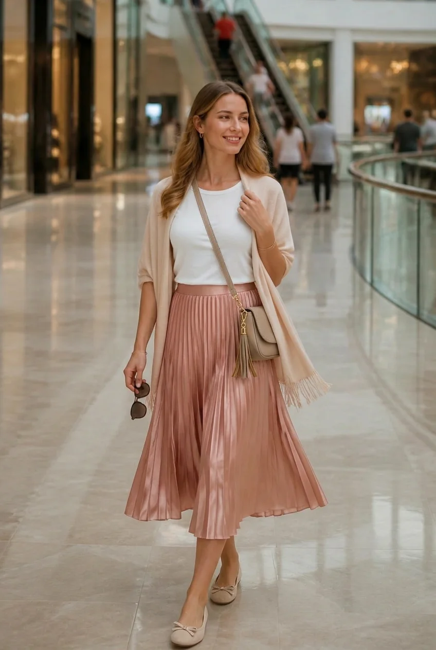 Woman wearing a modest chic outfit with a pleated midi skirt in a Dubai mall.