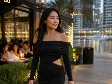 Woman in elegant black evening dress walking near Dubai waterfront restaurant at dusk.