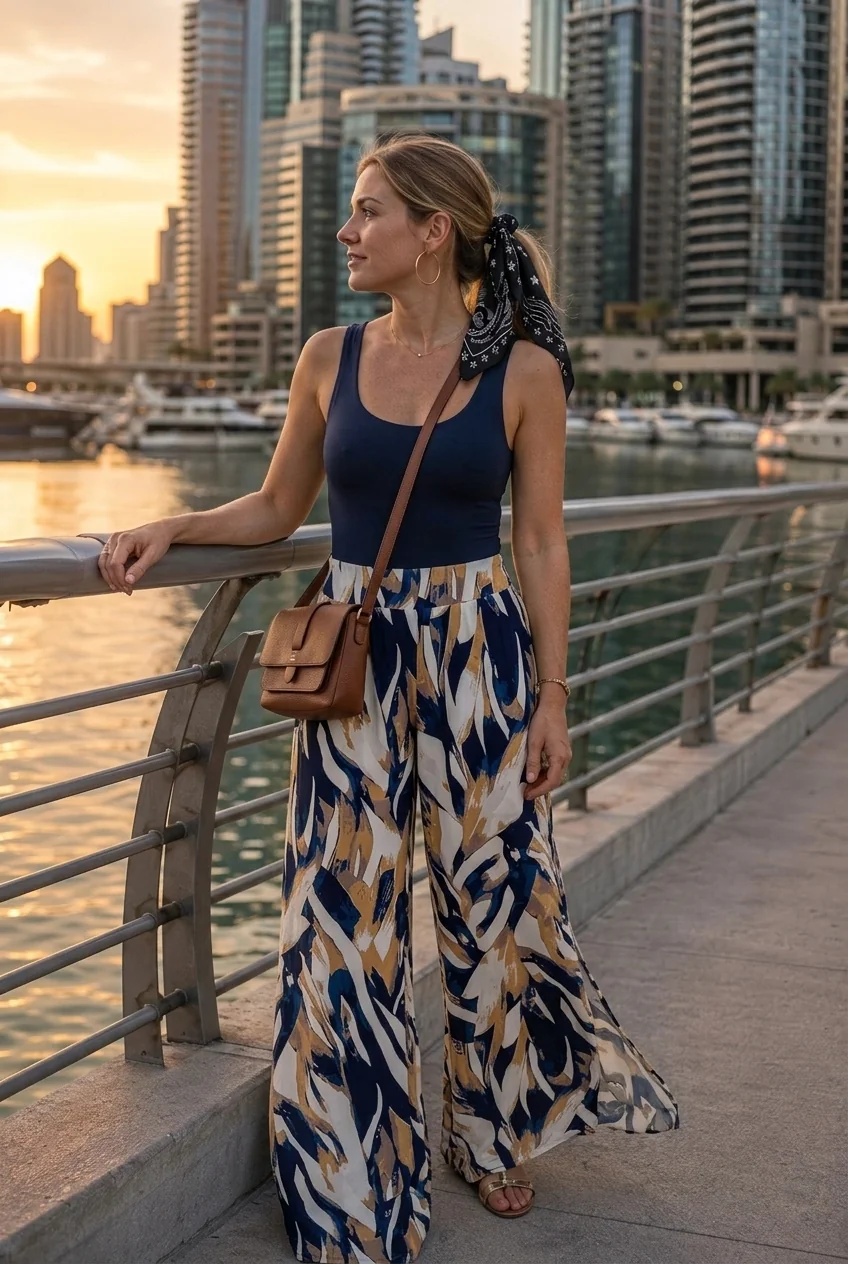 Woman wearing palazzo pants and tank top at Dubai Marina sunset