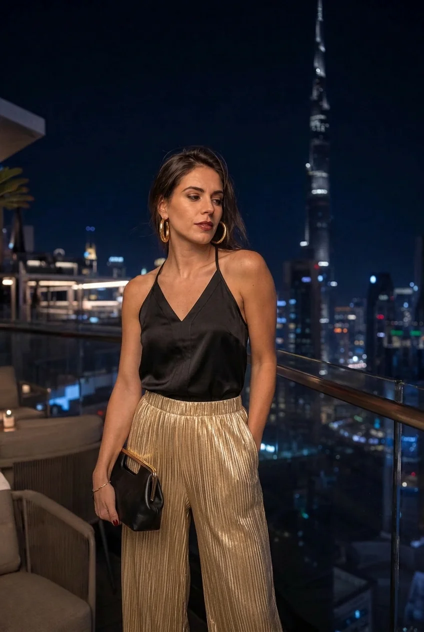Woman in metallic gold pants and black top at Dubai rooftop lounge at night