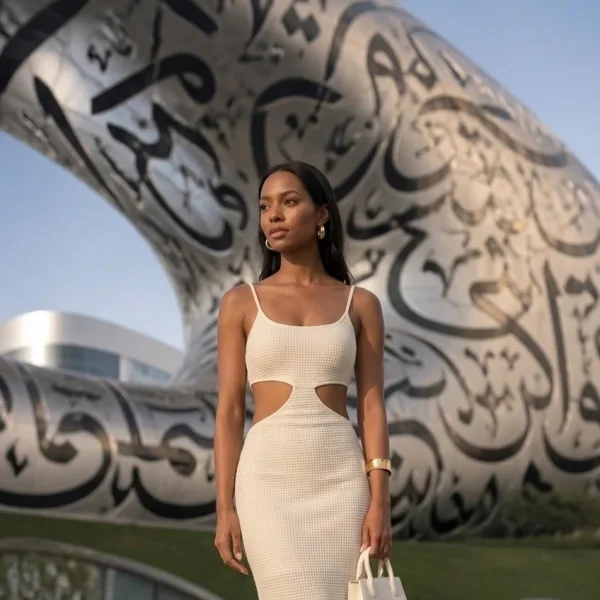Woman in white dress standing before Museum of the Future in Dubai