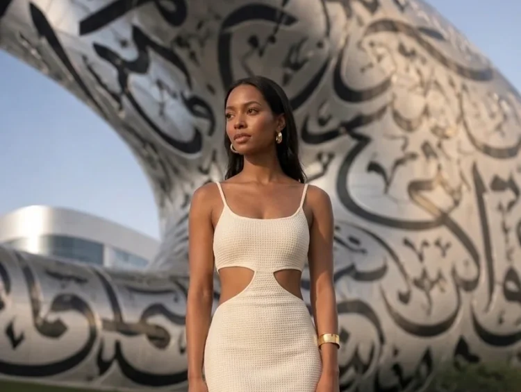 Woman in white dress standing before Museum of the Future in Dubai